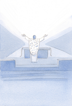 I saw Christ, after the Consecration. He stood before the altar, hands upraised, praying His priestly prayers (ours, too) to the Father above., 2001 (w/c on paper)