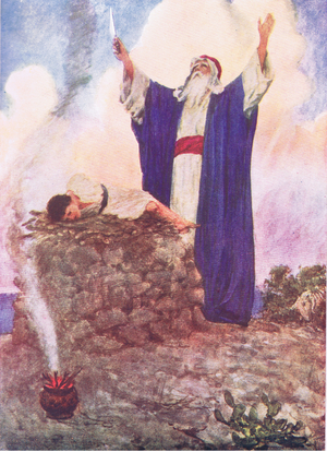 Abraham offering Isaac, from The Bible Story published by Hodder & Stoughton, c.1930 (colour litho)