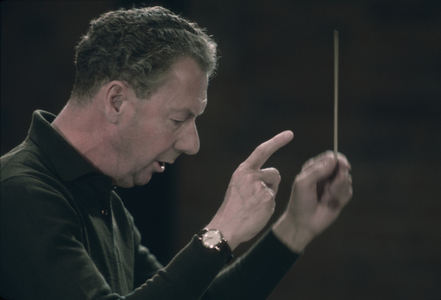 Benjamin Britten conducting the English Chamber Orchestra in the Snape Maltings Concert Hall, late 1960s (photo)