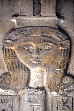 Ancient Egypt, Carving, Head of Hathor, Small Temple of Queen Nefertari and Hathor, Goddess (photo)