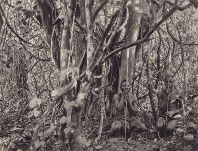 Two men of the Babira people armed with spears in the Ituri Rainforest, Belgian Congo (b/w photo)