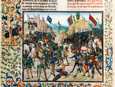 The battle of Crecy: Edward the Black Prince commanding the English army including longbow archers against the strong French troops