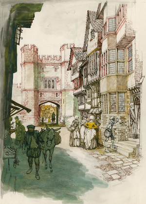 Unidentified London street scene (gouache on paper)