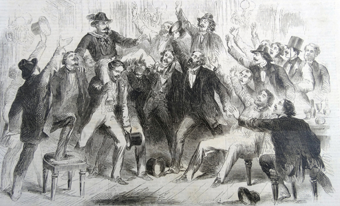 The ovation to the first Garibaldian who entered the Café di Europa, 1860 (engraving)