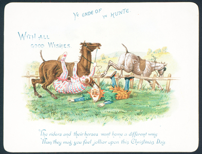 Clowns falling off their horses while hunting, Christmas Card (chromolitho)