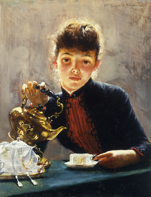 A Cup of Tea, (oil on panel)