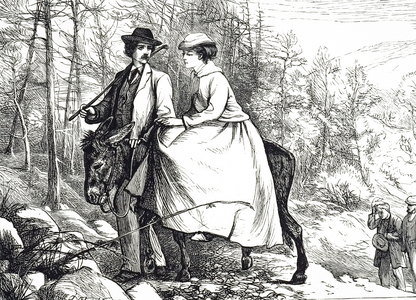 An engraving depicting a woman riding a donkey side-saddle, 19th century