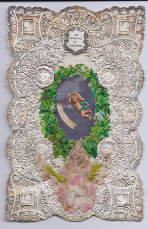 A Victorian die-cut embossed paper lace greeting card of a flying cupid surrounded by a wreath of ivy, c.1880 (colour litho)