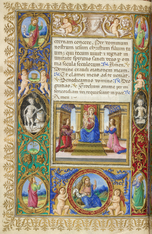 Miniature of a man and woman, Francesco Salviati and Laudomia de' Medici, adoring the Virgin and Child, and full all'antica border with putti, gems and biblical figures, at the end of Lauds in the Hours of the Virgin