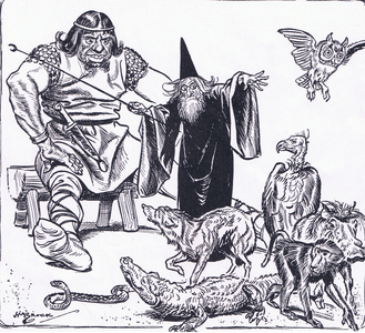The giant and the magician changed ladies and knights into owls, wolves, vultures and other beasts (colour litho)