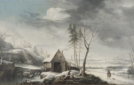 Winter Landscape with a Cottage (oil on canvas)