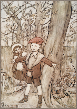 One day they were overheard by a fairy .. , from Peter Pan in Kensington Gardens by J M Barrie (1860 - 1937), pub. 1906 (colour litho)