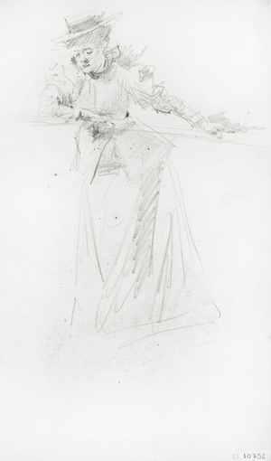 Female figure leaning on hand rail of bridge, study for 'Boulter's Lock, Sunday Afternoon', c.1880 (pencil on paper)
