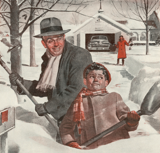 Father and Son Shovelling Snow in Their Driveway, 1945 (screen print)