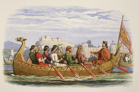 The barge of Edgar manned by eight kings on the Dee, 973 AD, from A Chronicle of England BC 55 to AD 1485, pub. London, 1863 (colour litho)