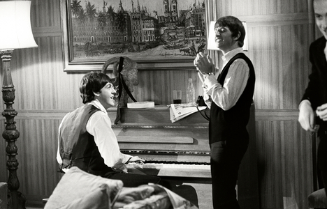 Paul McCartney and Ringo Starr rehearsing on set for A Hard Days Night at Twickenham Studio (b/w photo)