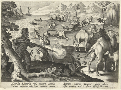 Sailors in a horrid barbarian country kill camels with muskets to relieve their hunger, illustration from 'Venationes, Ferarum, Avium, Piscium' (Of Hunting: Wild Beasts, Birds, Fish), engraved by Jan Collaert (1566-1628), pub. by Phillipus Gallaeus, Amsterdam (engraving)