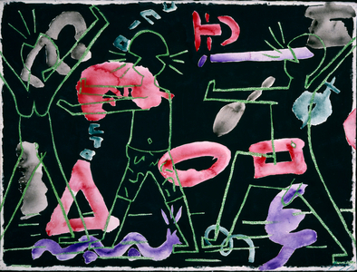 Two Men/One Women by Erik Slutsky, watercolor, gouache and pastel, 1983, 20th century