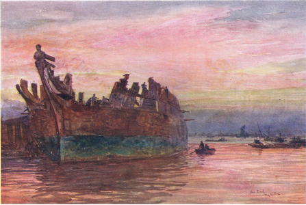 The end of an old warship, 1915 (colour litho)