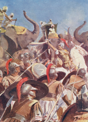 Alexander's Battle with Porus on the Jhelum (colour litho)