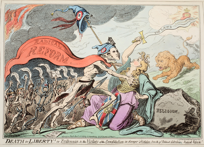 Death or Liberty! Or Britannia & the Virtues of the Constitution in danger of Violation from the Great Political Libertine, Radical Reform!, pub. 1819 (hand coloured etching)