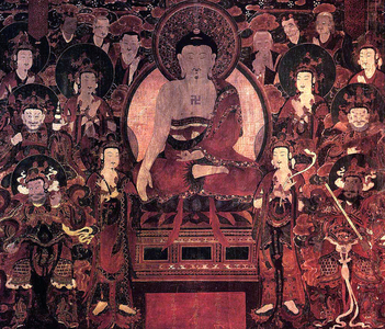 Korea: Buddha Sakyamuni Preaching at Vulture Peak, Joseon period, 18th century, (hanging scroll mounted as a panel; colours, ink, and gold on hemp cloth