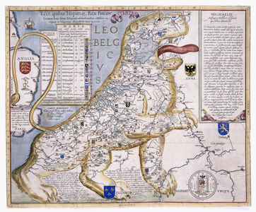 Leo Belgicus, showing the Low Countries in the shape of a lion, 1586 (hand-coloured engraving)