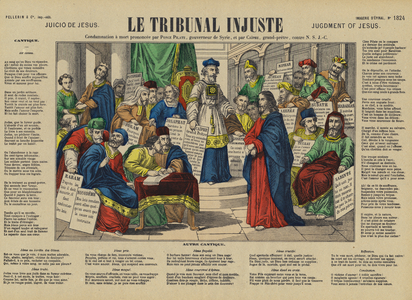 Pontius Pilate sentencing Jesus to death after his trial before the Sanhedrin (colour litho)