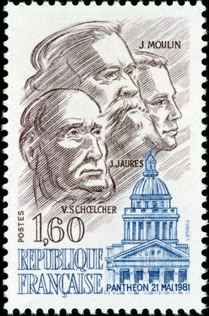 French postage stamp celebrating the Pantheon (temple to all the gods), a building in the Latin Quarter in Paris, France. It was originally built as a church dedicated to St. Genevieve. It is now a secular mausoleum containing the remains of distinguished French citizens. Including Jean Jaures, Jean Moulin and Victor Schoelcher; shown on the stamp.