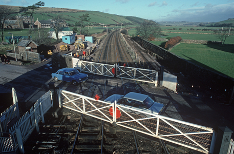 St Bees railway station and level crossing on the Cumbrian Coast railway line, North West England, 1981 (photograph)