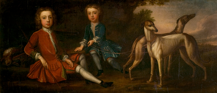 Two Boys with Greyhounds (oil on canvas)
