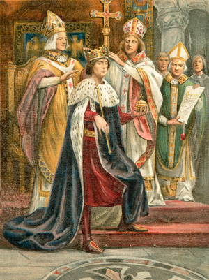 The crowning of Edward I (colour litho)