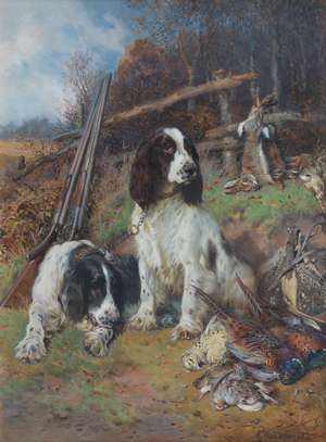 Spaniels with the day's bag (oil on canvas)