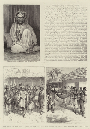 The Death of Emin Pasha, Scenes in Ujiji and Nyassaland, where Mr Swann, who brought the News, lived (engraving)