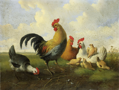 A rooster with Hens and Chicks, 1855 (oil on canvas)