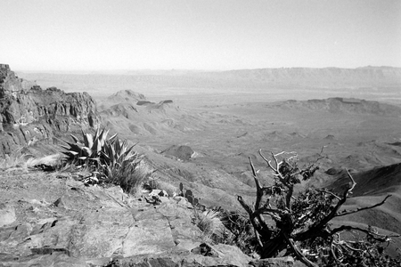 Hiking through Big Bend National Park, Lookinf toward Mexico, Texas, USA, 1964