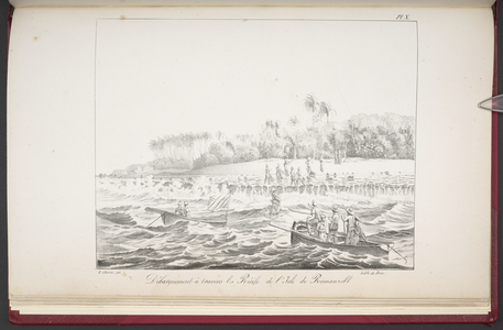 Landing through the reefs of the island of Romanzoff, from 'Vues et paysages des régions équinoxiales, recueillis dans un voyage autour du monde', by Louis Choris, 1826 (engraving)