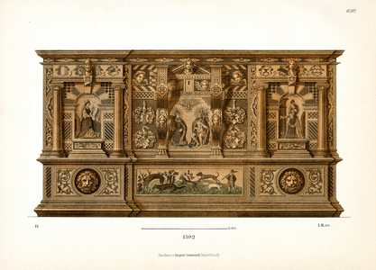 Magnificent Renaissance cabinet with biblical scenes, 1592 (chromolitho)