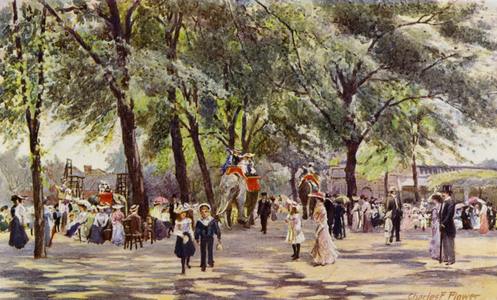 London Zoo: Broad Walk, with Elephants (colour litho)