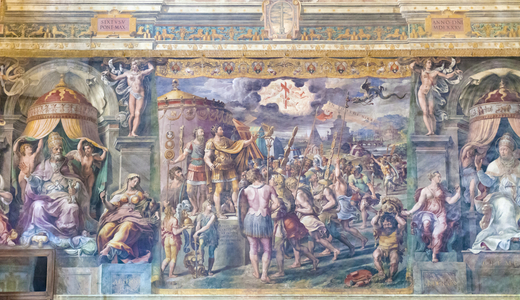 The vision of the cross, 1520-1524, Gianfrancesco Penni, Giulio Romano and Raffaellino del Colle, from Raphael's workshop, room of Constantine, Raphael rooms, fresco, Vatican museums, Rome, Italy