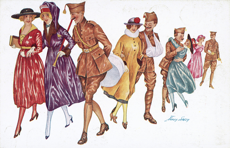 Soldiers and girls (colour litho)