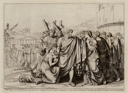 Atilius Regulus preparing to leave Rome to return to captivity in Carthage (etching)