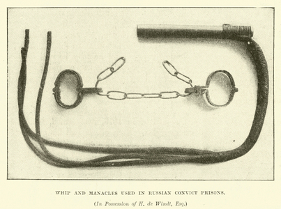 Whip and manacles used in Russian Convict Prisons (engraving)