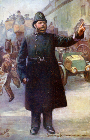 A London policeman directing traffic