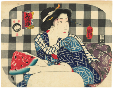 A woman holding a slice of watermelon, from the series Famous Brands of Sake (Meishu zoroi), 1843-46 (woodblock fan-print)