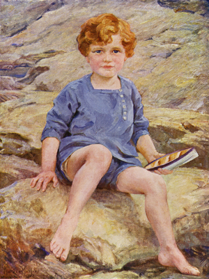 Boy playing in rock pools with a toy boat (colour litho)