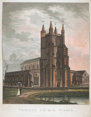 Two figures and a dog standing by Croydon Church; a body of water in the foreground