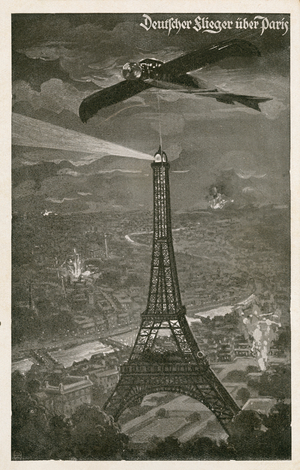 German aircraft over Paris, World War I (litho)