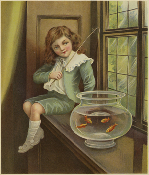 A young boy dangling a fishing rod into a bowl of goldfish (colour litho)
