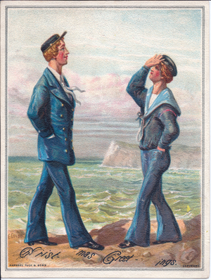 A Victorian Christmas card of two sailors walking by the ocean, c.1880 (colour litho)